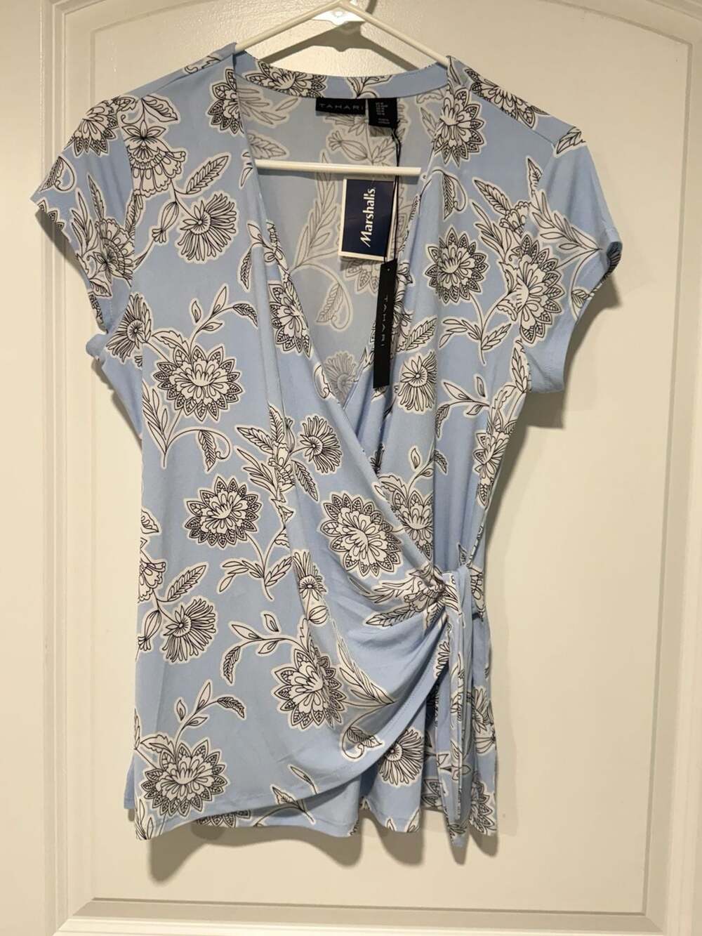 Coastal Floral Wrap Top Powder Blue Garden Party Cottagecore Women’s M